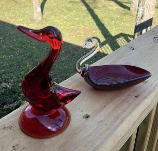 Vintage Viking Art Glass Red Goose - Duck Bird 5 " T Figurine