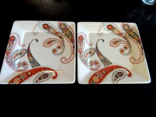 Pair 2 Tabletops Multi Paisley Square Dinner Plate Vibrant Color Holiday Perfect