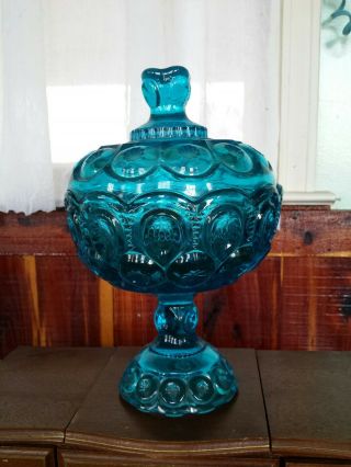 Vintage Aqua Blue Glass Candy Dish & Lid Moon & Stars By Smith? Compote 10 "