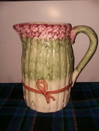 Olfaire Portugal Pottery Asparagus Pitcher 7 1/2 Tall Green/ Pink/ White