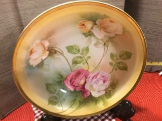 Vintage R S Germany Bowl With Pink And White Roses,  9.  75”,  Hand Painted