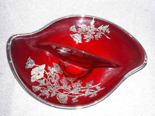 Vintage Ruby Red Glass Divided Candy/relish Dish,  With Silver Floral Overlay