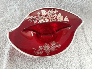 Vintage Ruby Red Glass Divided Candy/Relish Dish,  with Silver Floral Overlay 3