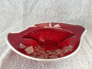 Vintage Ruby Red Glass Divided Candy/Relish Dish,  with Silver Floral Overlay 5