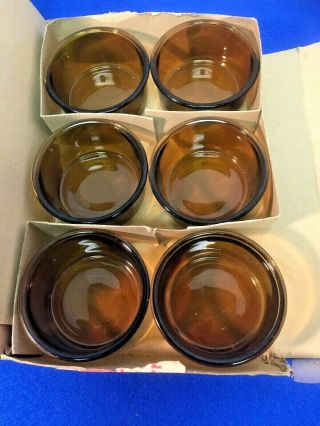 Vintage Set Of 6 Brown Glass Arcopal France Custard Pudding Cups Box