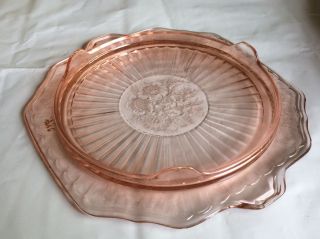 Vintage 3 Footed Pressed Pink Depression Glass Cake Plate Floral Design 2