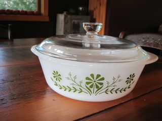 Vintage Glasbake Green Daisy Round Casserole Baking Dish With Lid 1 1/2 Qt Usa
