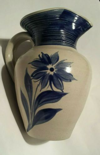 Williamsburg Pottery Cobalt Salt Glaze Pitcher 7.  5 " Stamped 2003 Flower Ec