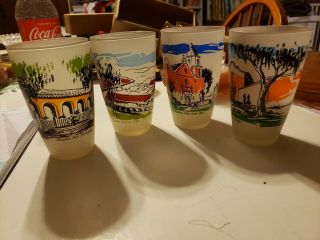 4 Vintage California Mission Glasses Tumblers Frosted
