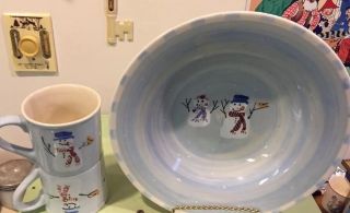 Hartstone Pottery Snow People 12 " Serving Bowl And 2 Matching Mugs