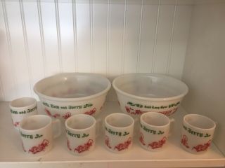 2 Vintage Tom & Jerry Christmas Punch Bowls Plus 6 Mugs Hazel Atlas Milk Glass