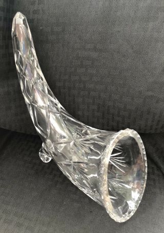 Cut Etched Crystal Scroll Footed Horn Of Plenty Cornucopia Centerpiece Vase