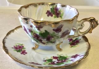 Vintage Napco China Footed Tea Cup & Saucer Hand Painted Violets Gold Vgc
