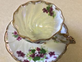 Vintage Napco China Footed Tea Cup & Saucer Hand Painted Violets Gold VGC 2