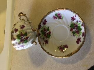 Vintage Napco China Footed Tea Cup & Saucer Hand Painted Violets Gold VGC 3