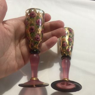 2 Mini Shot Glasses,  Stemware,  Bud Vases,  Pink Roses,  Gold Hand Painted,  Czech?