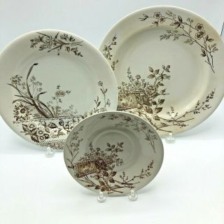 Antique Brown Transferware Ironstone 3 Pc Plate,  Soup Plate,  Saucer Aesthetic