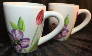 Tabletops Lifestyles Spring Floral Coffee Mugs Hand Painted White Flowers - Pair