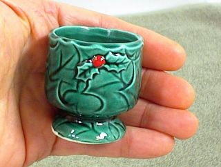 LEFTON CANDLE HOLDER GREEN HOLLY RED BERRY EGG CUP 4369 RED CANDLE VINTAGE 3
