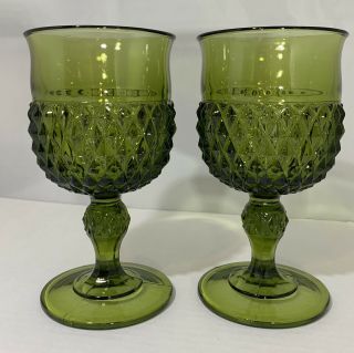Vintage Diamond Point Dark Green Water Goblet By Indiana Glass 6 1/2”
