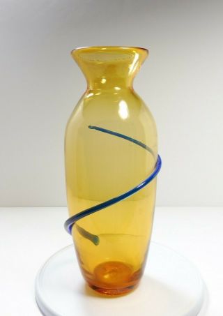 Vintage Blenko Amber Vase With Kobalt Blue Spiral Swirl Wrapped
