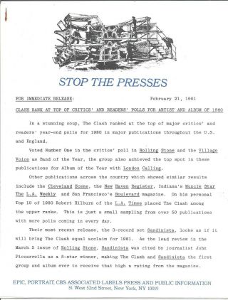 The Clash,  Rare Official Record Company Press Release,  February 21 1981,  6 Pages