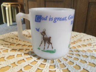 Vintage White Milk Glass Mug.  Prayer Mug.  Blue,  Brown,  Lord,  God Is A Great.
