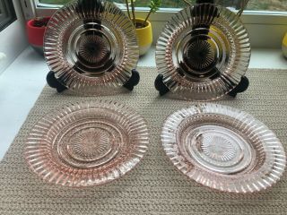 Vtg Pink Depression Glass 6 Inch Round Dishes Ribbed And Star Design Set Of 4