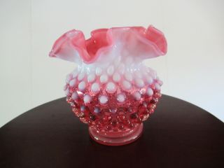 Fenton Small Glass Vase Pink And White Hobnail Ruffled