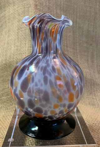 Blown Glass Vase Purple Orange Black Base Ruffle Lip 4 - 3/4 " High