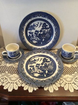 Churchill Blue Willow Made In England 6 Piece Set - Dinner Plates,  Cups & Saucers