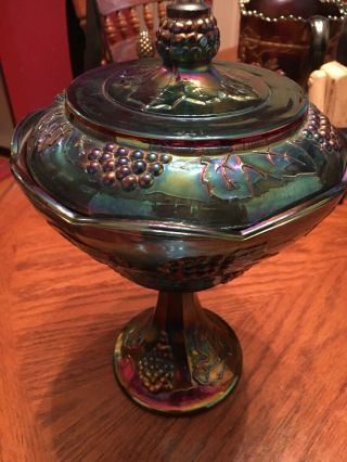 Vintage Indiana Glass Lidded Candy Dish Pedestal Harvest Grape Carnival Blue
