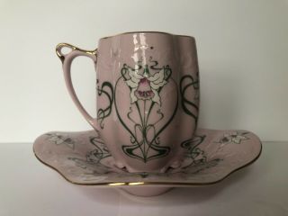 Vintage H C Hand Painted Rosa Porcelain Czech Republic 24k Gold Demi Cup Saucer