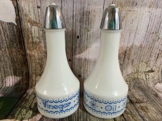 Vtg Gemco Blue Snowflake Garland Milk Glass Oil & Vinegar Dispenser Bottles