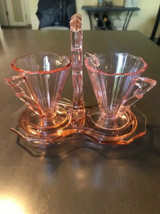 Vintage Cambridge Pink Depression Glass Decagon Creamer/sugar/tray Set