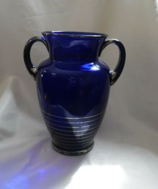 Cobalt Blue Glass Vase Vintage 10 " With 2 Handles With Trim