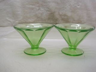 (2) Green Vaseline Uranium Depression Glass Dessert Bowls A4991