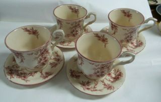 Vintage Set Of 4 Tea Cups & Saucers Red Floral Pattern Color