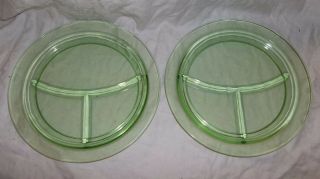 2 Vintage Green Depression Glass Divided Grill Plates