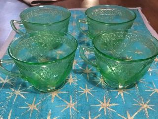 4 Green Depression Federal Glass Company Georgian Lovebirds Cups (teacup)