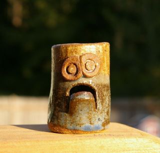 Pottery Art Handmade Brown 2 1/8 " Tall Mini Tiny Ugly Mug Face Monster Guy Vase