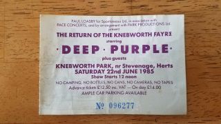 Deep Purple 22nd June 1985 Knebworth Park Ticket Stub