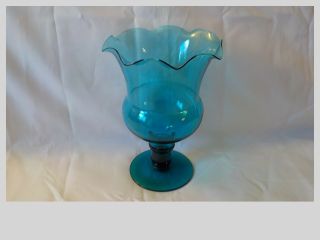 Vintage Hand Blown Blue Teal Wide Mouth Art Glass Pedestal Vase 8 "
