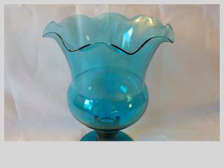 Vintage Hand Blown Blue Teal Wide Mouth Art Glass Pedestal Vase 8 