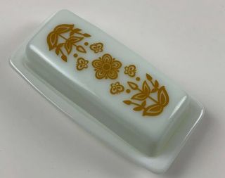 Vintage Pyrex Butter Dish Gold Floral Butterfly Folkart Design