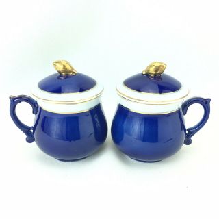 Set Of 2 Vintage Neiman Marcus Porcelain Pots De Creme Shell Lids Blue White