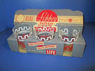 Vintage Mid Century Libby 6 Oz Orange Juice Glasses W/ Ob Native American Design