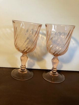 Pink Swirl Wine Goblets,  Set Of 2 Arcoroc France 6.  5 " Footed Stemmed Glasses