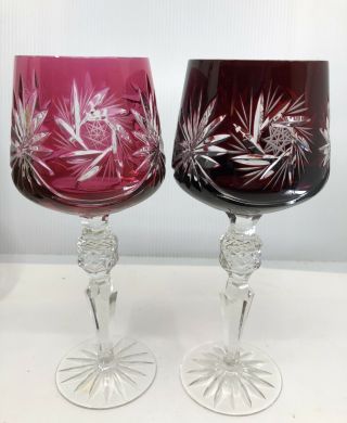 2 Vintage Crystal Goblet Red Pink Wine Purple Cranberry Water Goblet 8 - 1/8 Glass