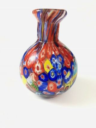 Millefiori Hand Blown Glass Vase Red Blue Yellow Vintage Italian Murano - Style Mr